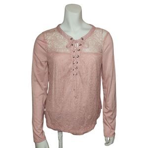 No Boundaries Lace Up Hippie Boho Long Sleeve Pink Top Juniors Size Large